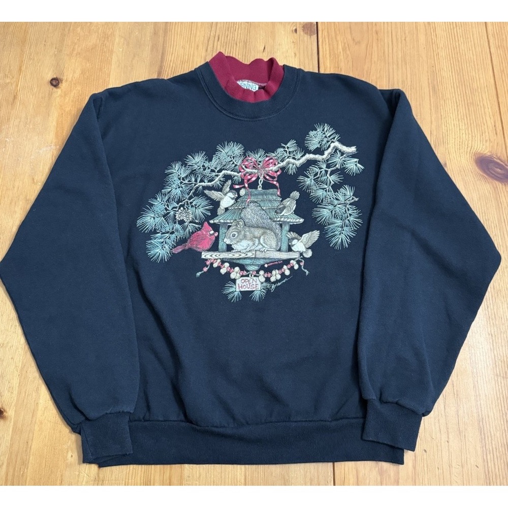 Vintage Morning Sun Squirrel Sweatshirt L Black Christmas Collared Made In USA